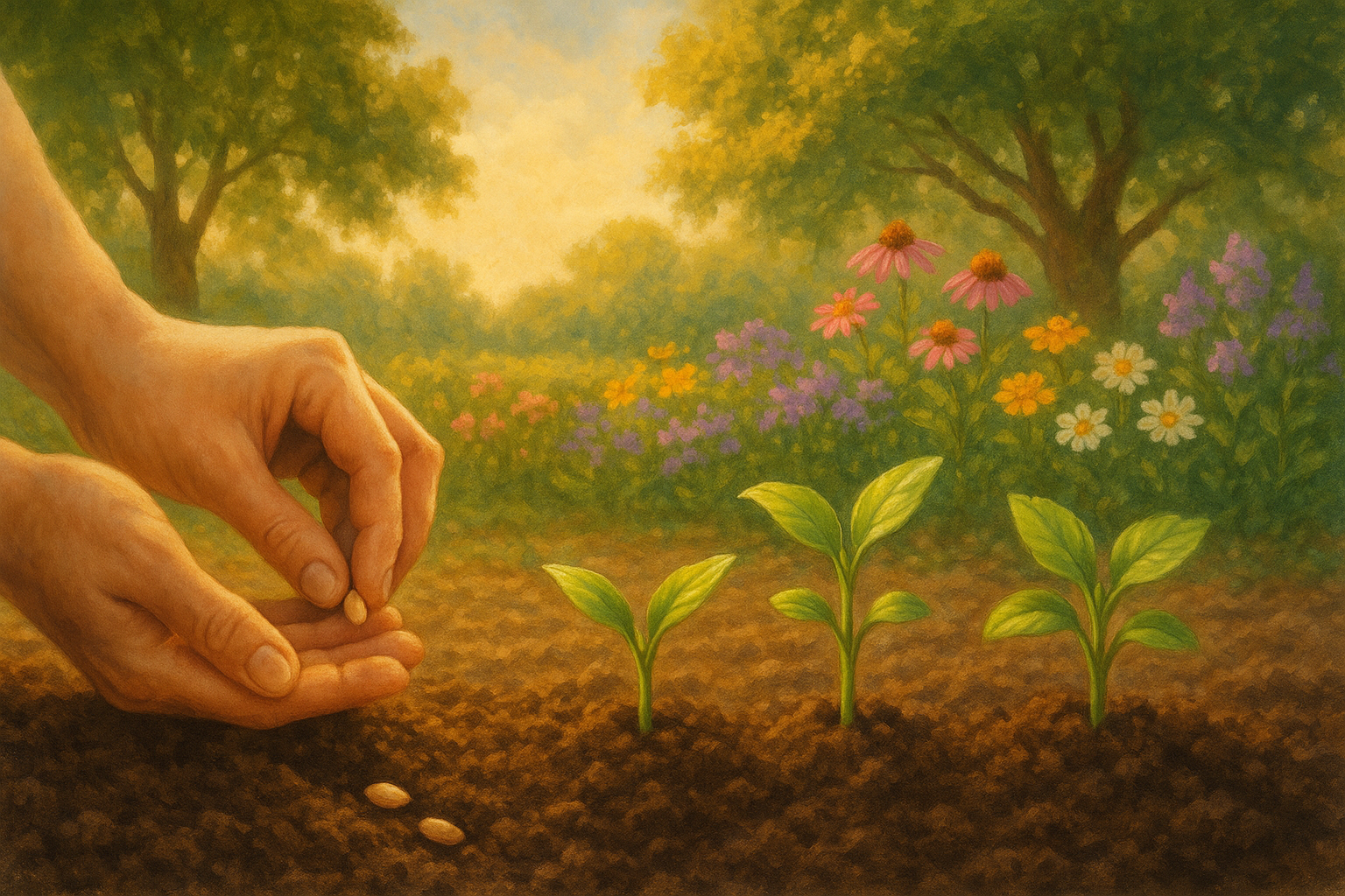 nature, sowing seeds, blooming, plants, trees, something that relates to my product. use the same color schemes
